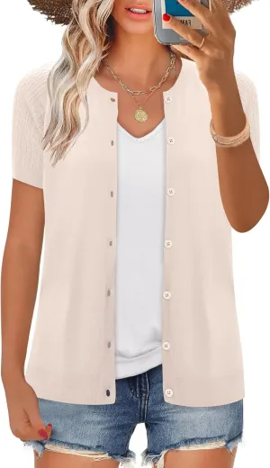 Cardigan Sweaters for Women Lightweight Short Sleeve Crewneck Plus Size Cardigan Shrug Sweater for Women Beige XL