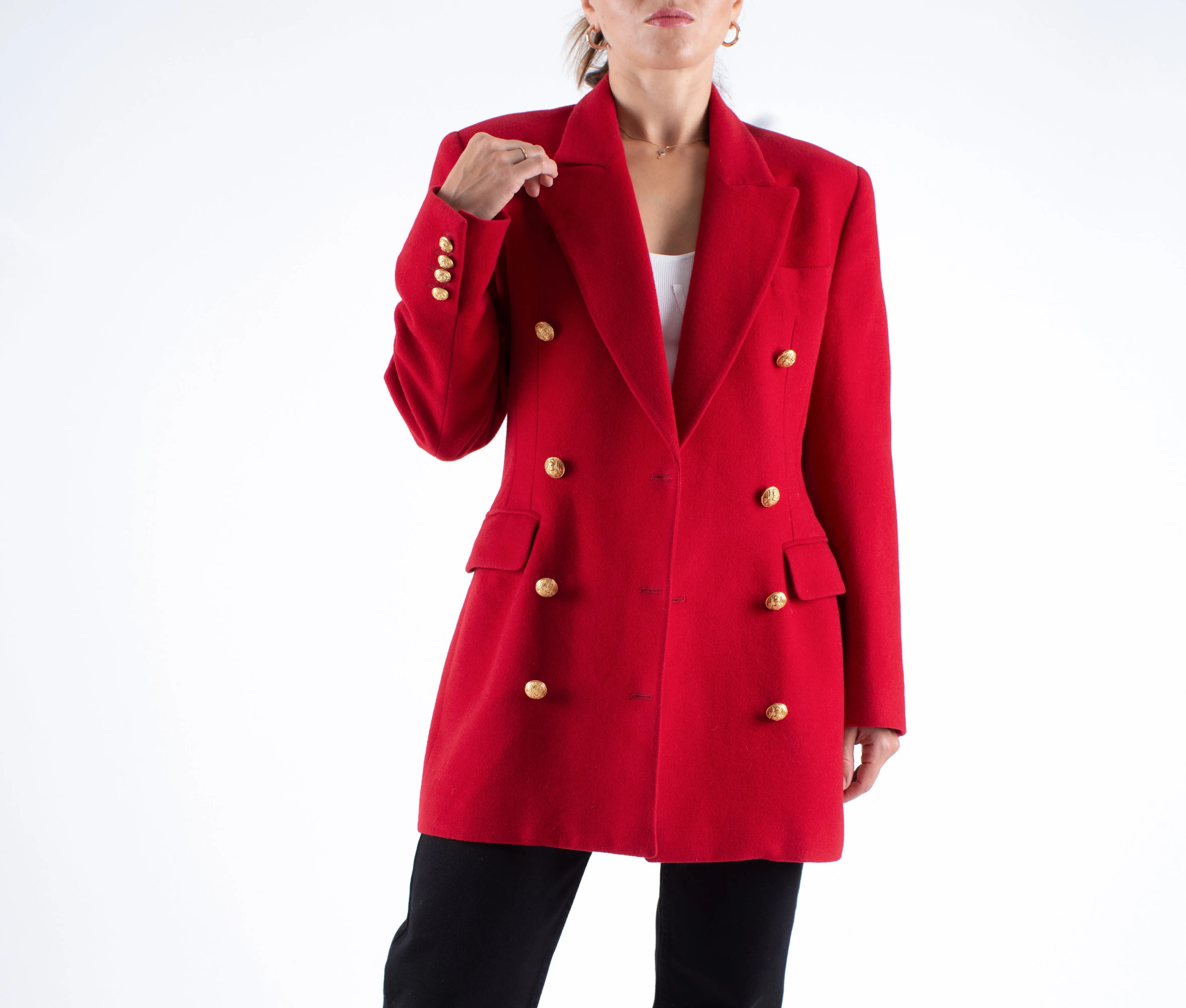 Cashmere Blend Red Wool Double Breasted Blazer With Gold Buttons, S