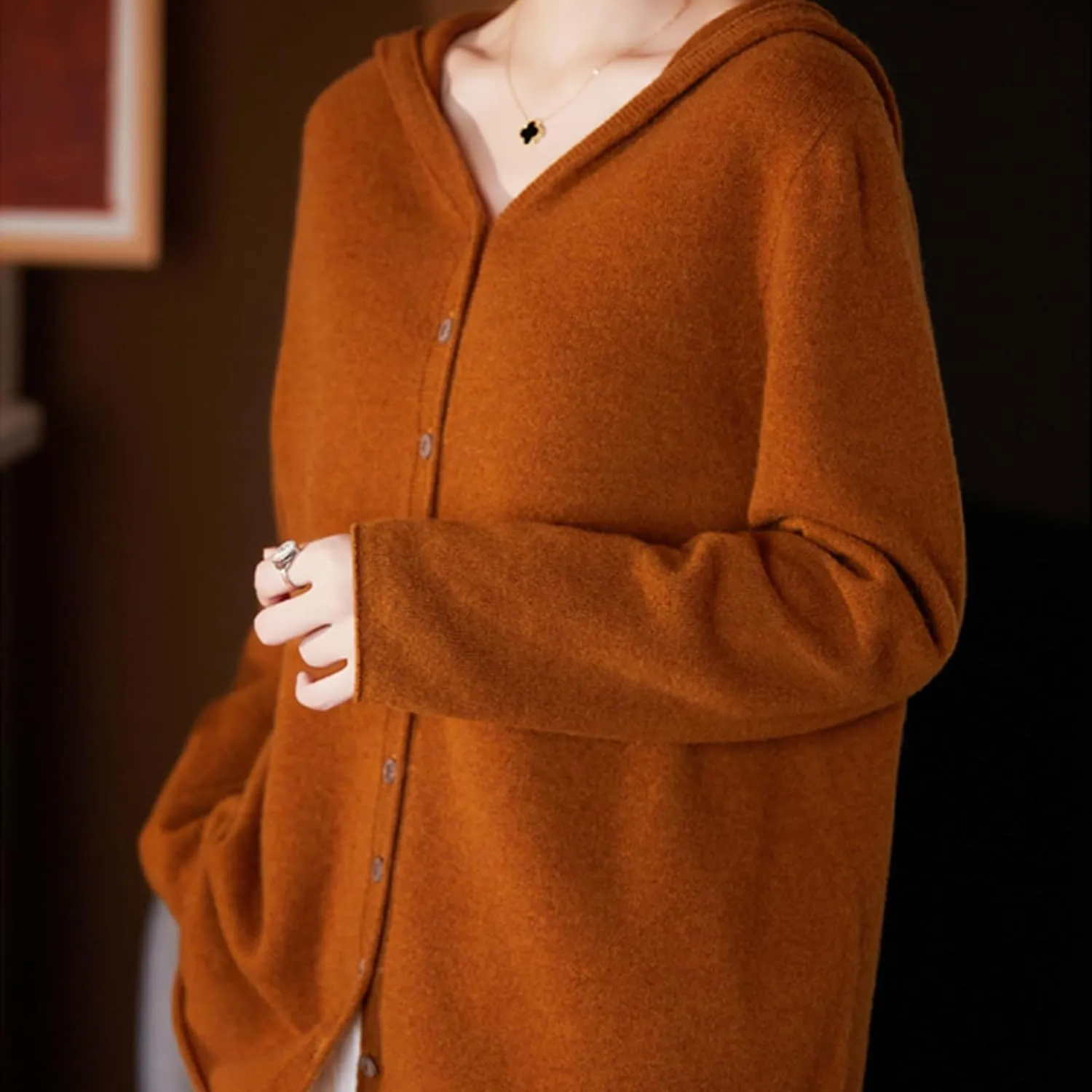 Cashmere Cardigan Sweaters for Women Hoodie V-Neck 100% Pure Wool Long Sleeve Solid Button Loose Casual