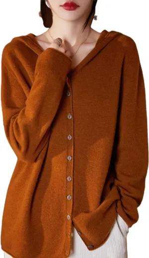 Cashmere Cardigan Sweaters for Women Hoodie V-Neck 100% Pure Wool Long Sleeve Solid Button Loose Casual