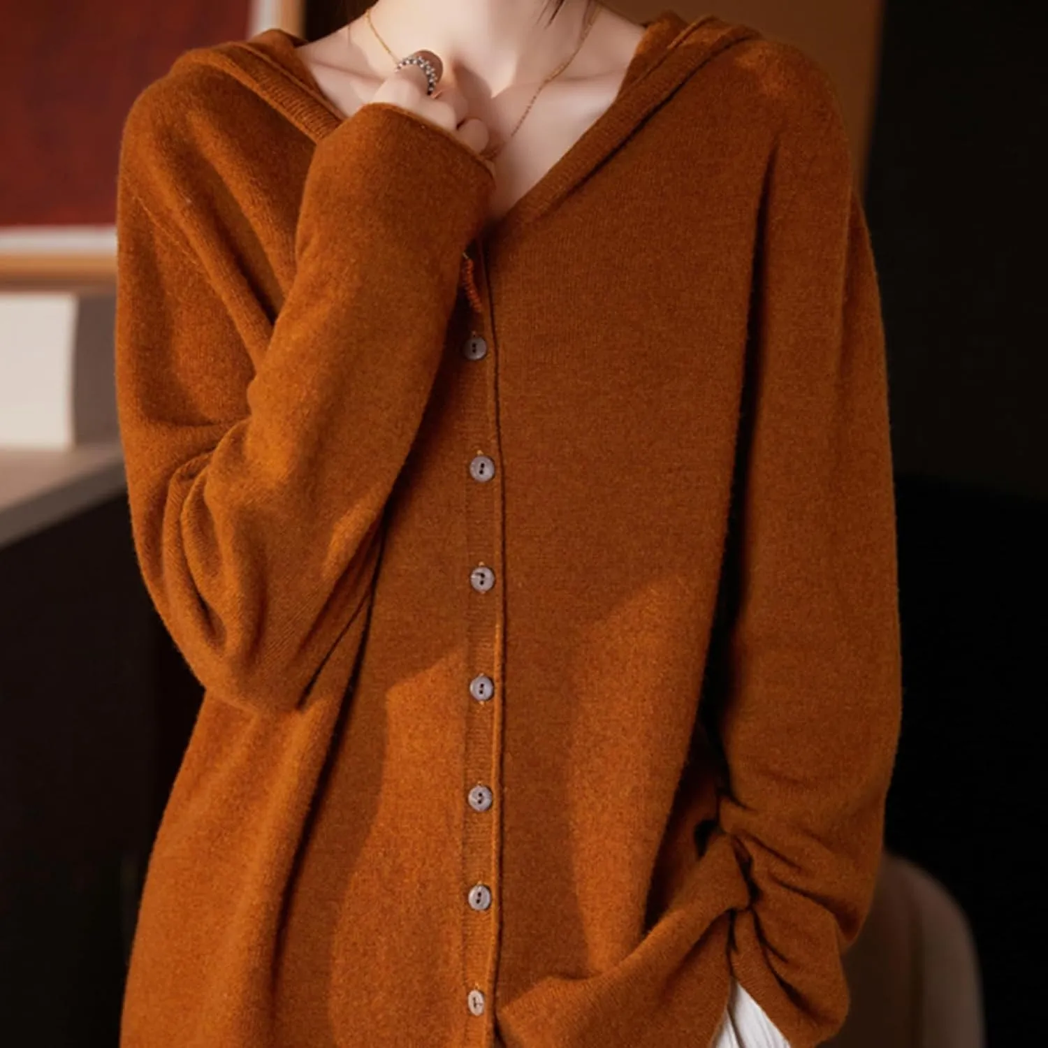 Cashmere Cardigan Sweaters for Women Hoodie V-Neck 100% Pure Wool Long Sleeve Solid Button Loose Casual