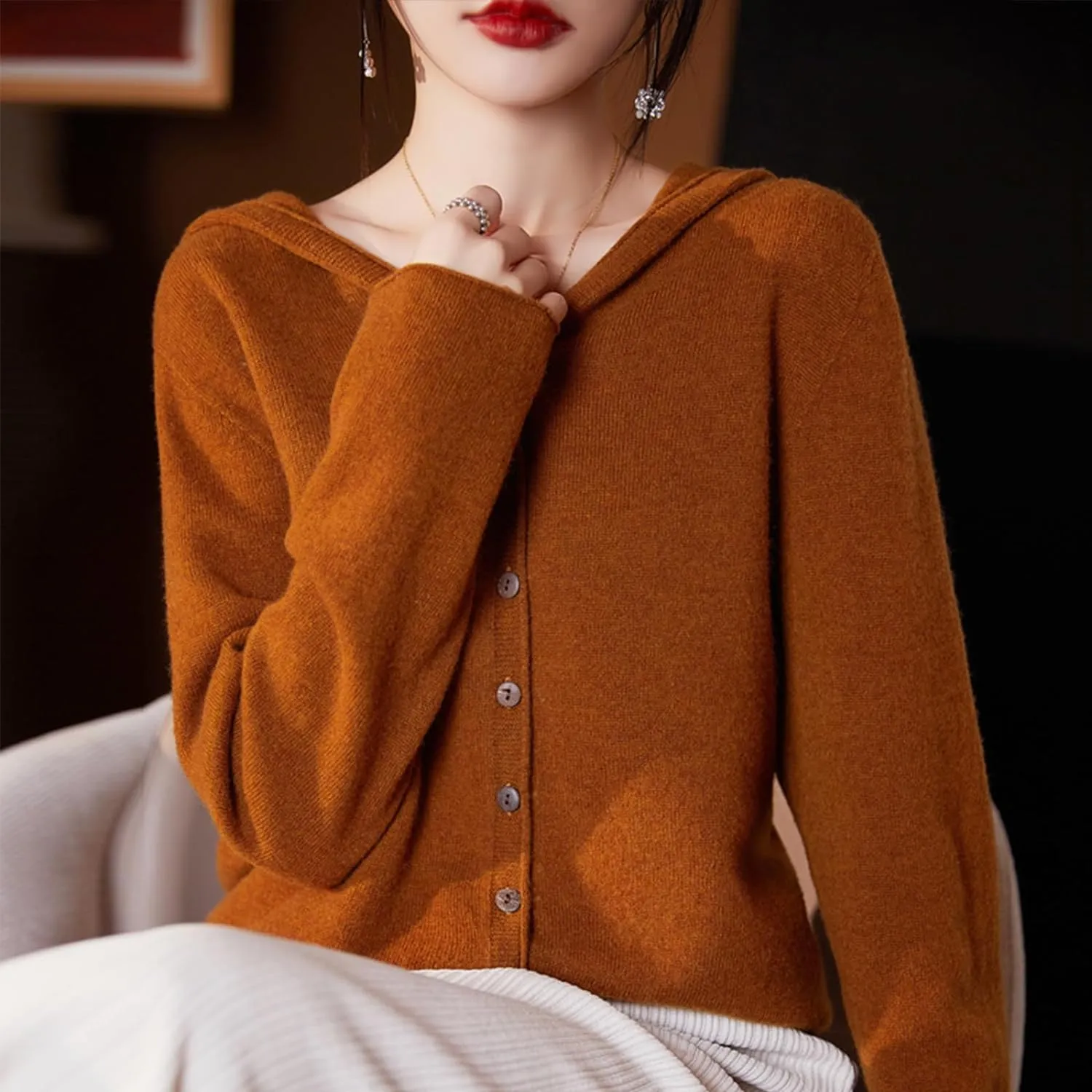 Cashmere Cardigan Sweaters for Women Hoodie V-Neck 100% Pure Wool Long Sleeve Solid Button Loose Casual