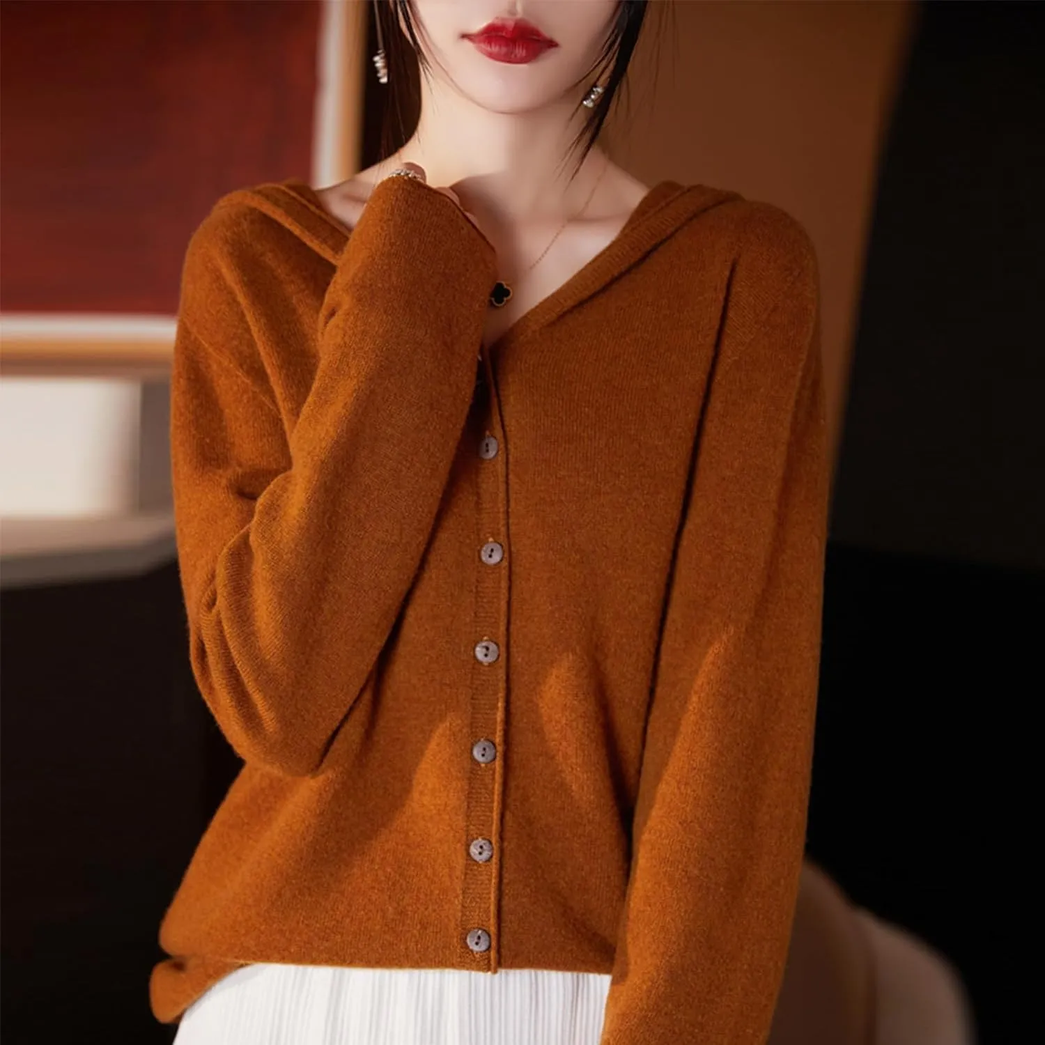 Cashmere Cardigan Sweaters for Women Hoodie V-Neck 100% Pure Wool Long Sleeve Solid Button Loose Casual