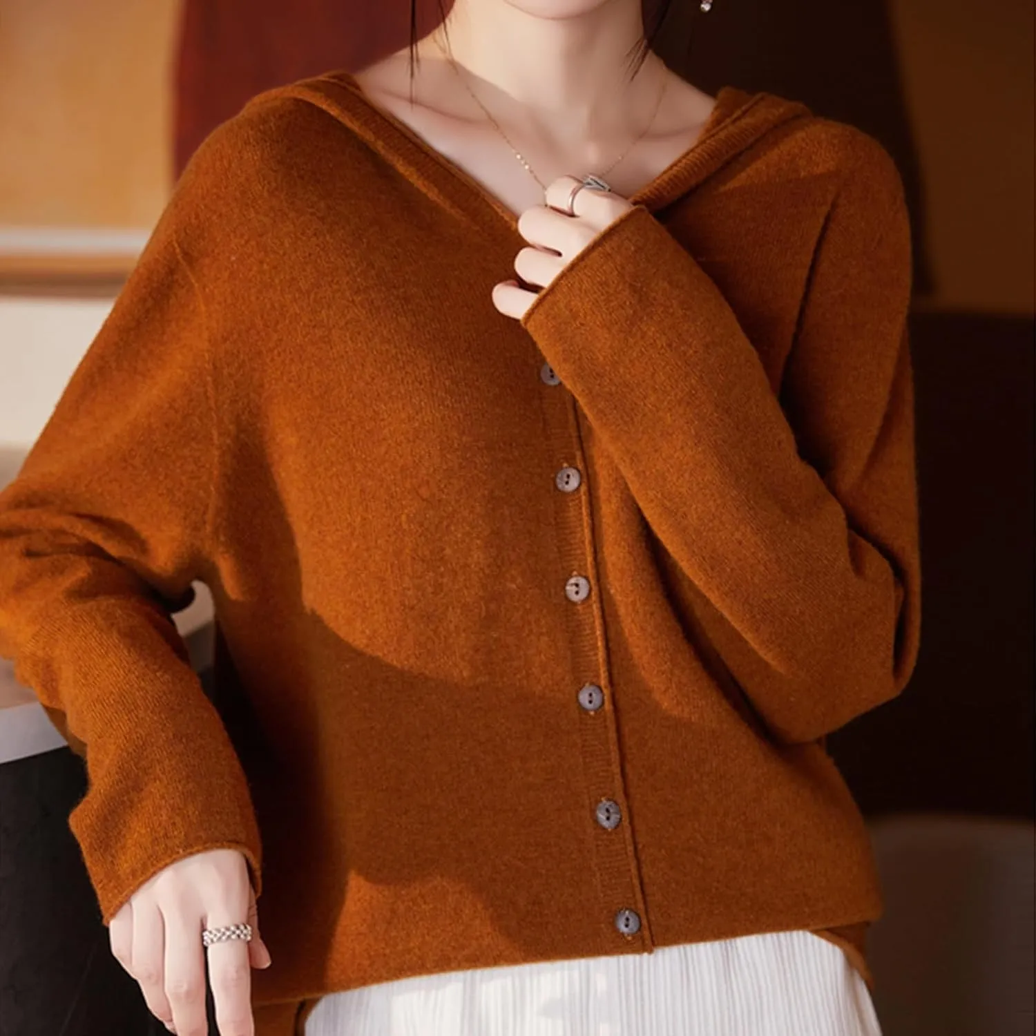 Cashmere Cardigan Sweaters for Women Hoodie V-Neck 100% Pure Wool Long Sleeve Solid Button Loose Casual