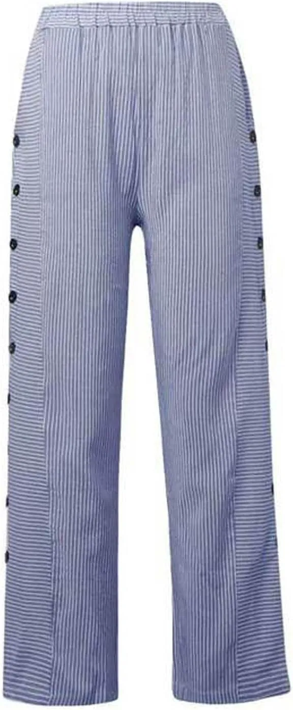Casual Pants for Women Striped Print Side Button Pants Summer Trendy Elastic Waist Straight Leg Trousers with Pockets