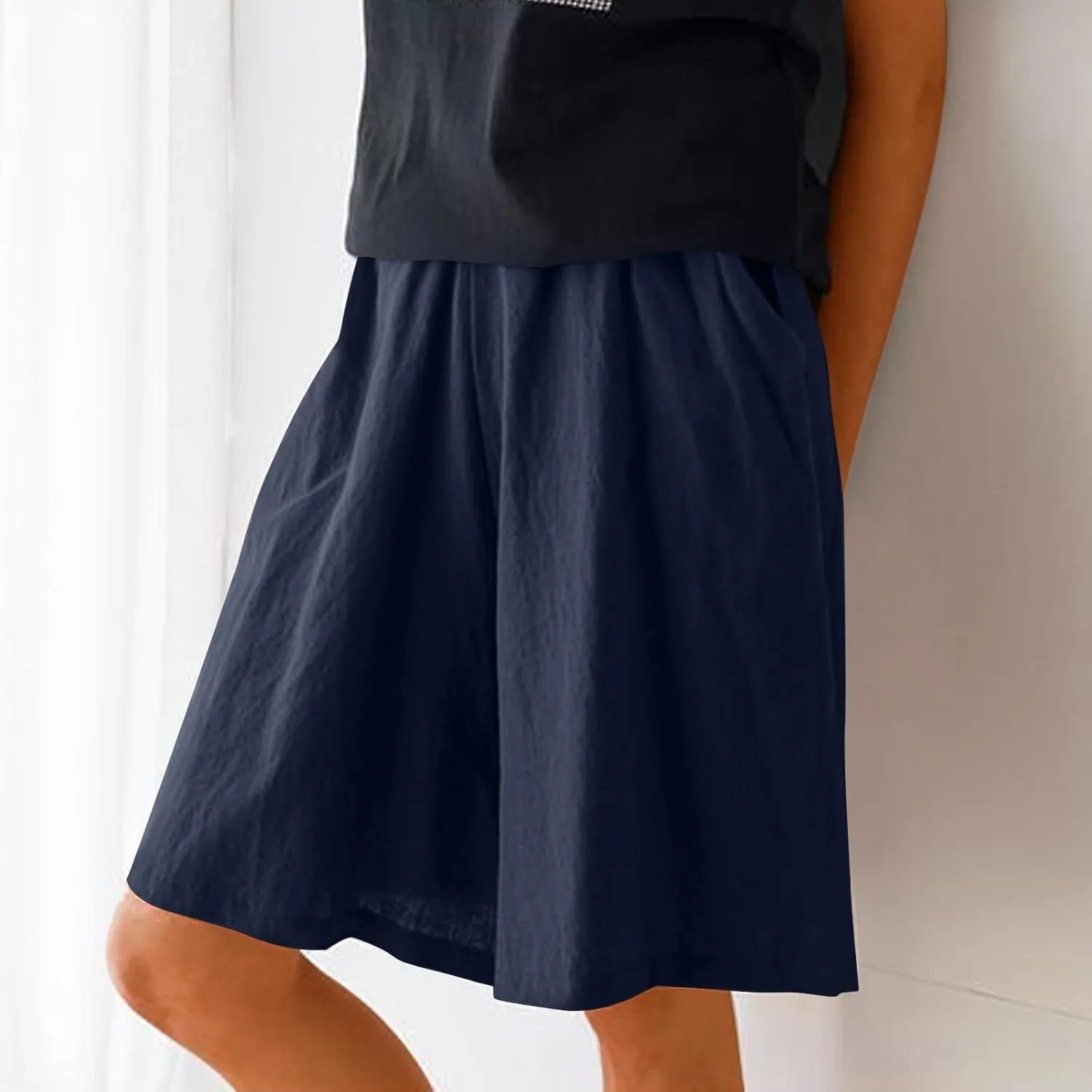 Casual Shorts for Women Dressy Drawstring High Waist Wide Leg 2025 Summer Beach Ruffle Solid Color Outfits with 2 Pockets