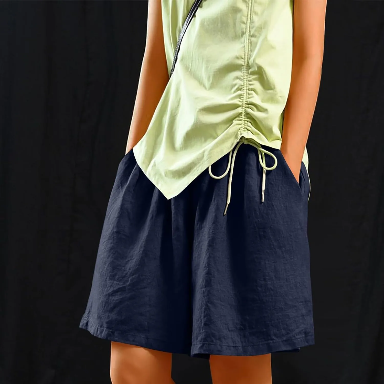 Casual Shorts for Women Dressy Drawstring High Waist Wide Leg 2025 Summer Beach Ruffle Solid Color Outfits with 2 Pockets