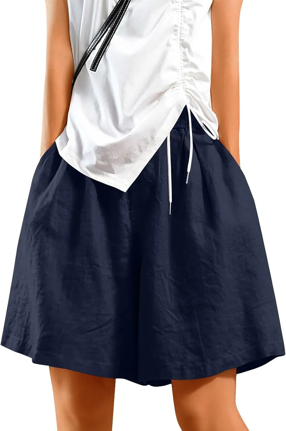 Casual Shorts for Women Dressy Drawstring High Waist Wide Leg 2025 Summer Beach Ruffle Solid Color Outfits with 2 Pockets