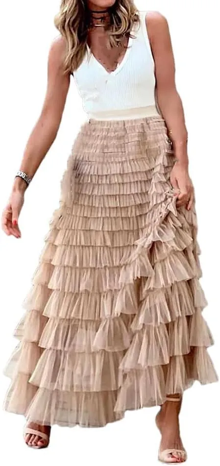 Casual Womens Solid Long Skirt Tulle High Waist Pleated Skirt Ladies Wild Mesh Maxi Skirts