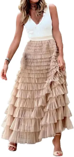 Casual Womens Solid Long Skirt Tulle High Waist Pleated Skirt Ladies Wild Mesh Maxi Skirts