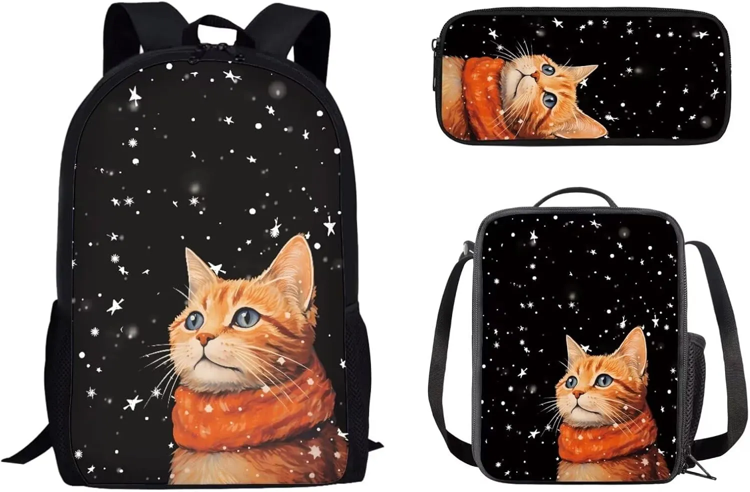 Cat Kids Backpack Set 3pcs Travel Hiking Back Pack Soft Casual Lunch Box Simple Multifunctional Pencil Pouch for College Student Teen