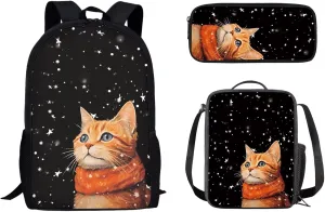 Cat Kids Backpack Set 3pcs Travel Hiking Back Pack Soft Casual Lunch Box Simple Multifunctional Pencil Pouch for College Student Teen