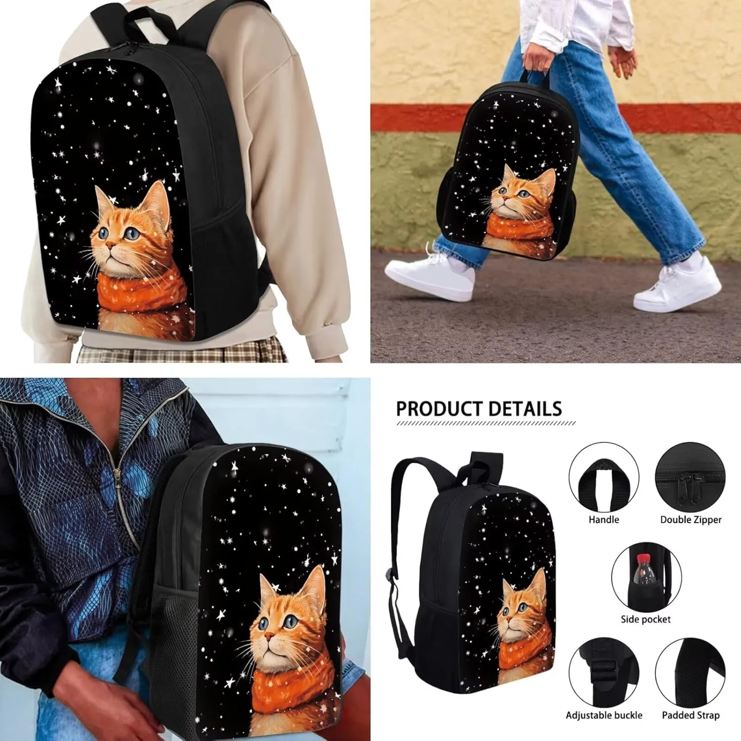 Cat Kids Backpack Set 3pcs Travel Hiking Back Pack Soft Casual Lunch Box Simple Multifunctional Pencil Pouch for College Student Teen