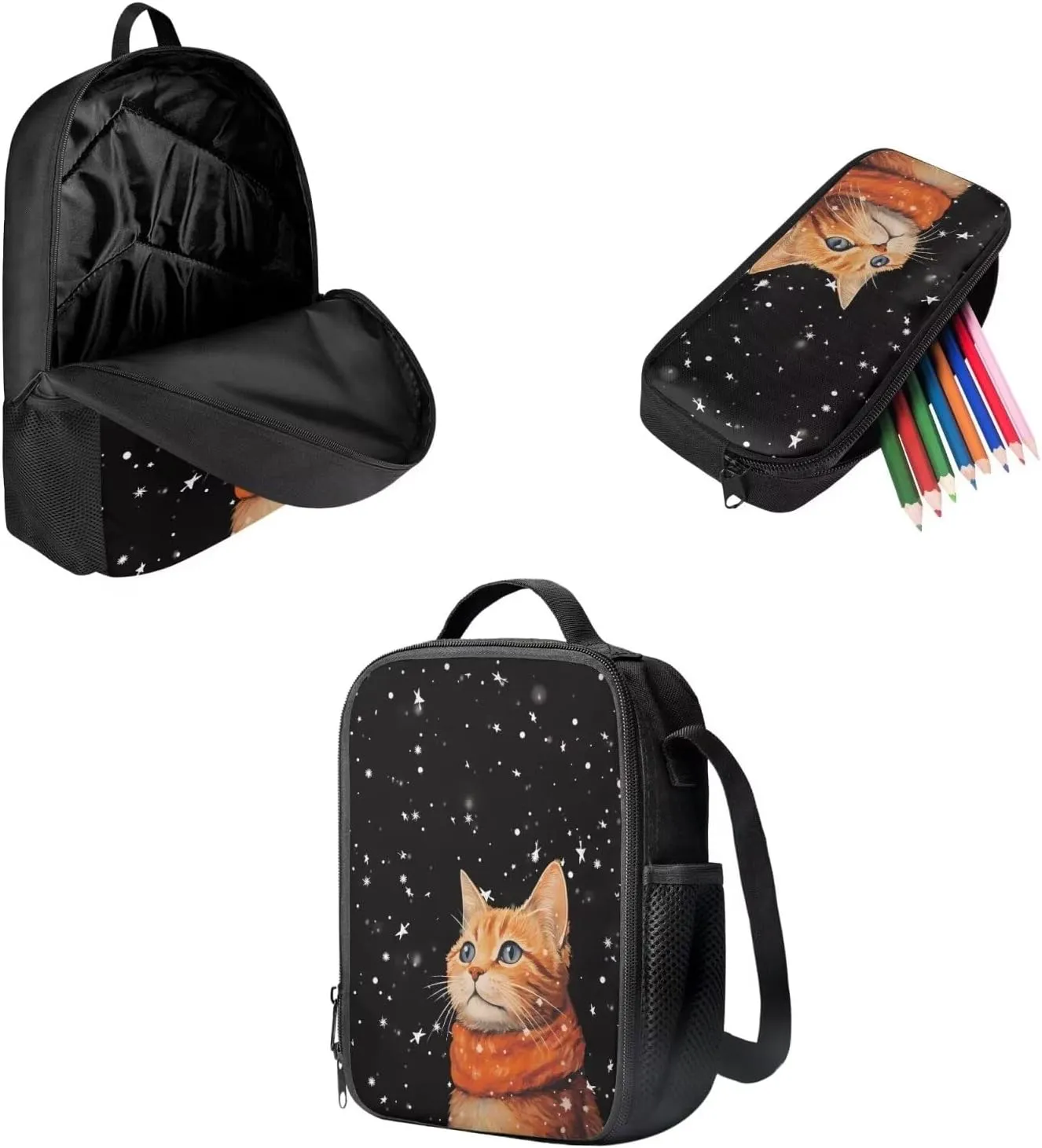 Cat Kids Backpack Set 3pcs Travel Hiking Back Pack Soft Casual Lunch Box Simple Multifunctional Pencil Pouch for College Student Teen