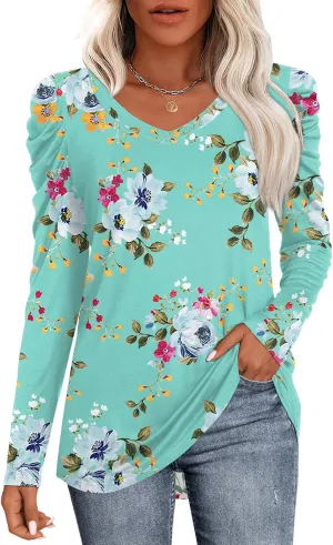 CATHY Women's Long Puff Sleeve V Neck Tunic Tops Casual Tshirt Basic Blouse Loose Tee For Legging