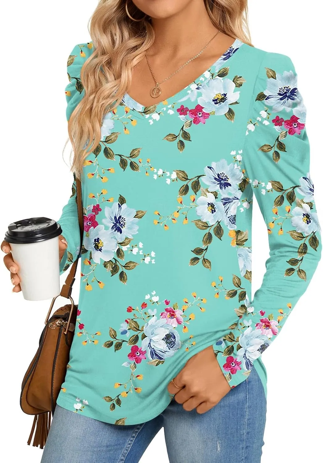 CATHY Women's Long Puff Sleeve V Neck Tunic Tops Casual Tshirt Basic Blouse Loose Tee For Legging