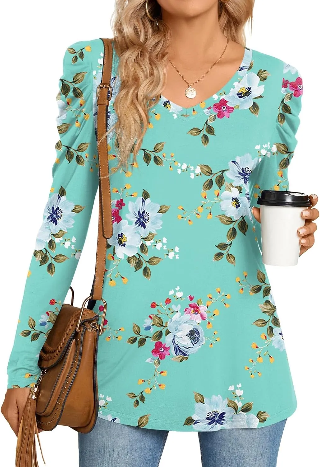 CATHY Women's Long Puff Sleeve V Neck Tunic Tops Casual Tshirt Basic Blouse Loose Tee For Legging