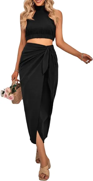CFLONGE Women's 2 Piece Outfits Casual Sleeveless Halter Crop Top and Draped Ruched Skirt Solid Set for Cocktail Party