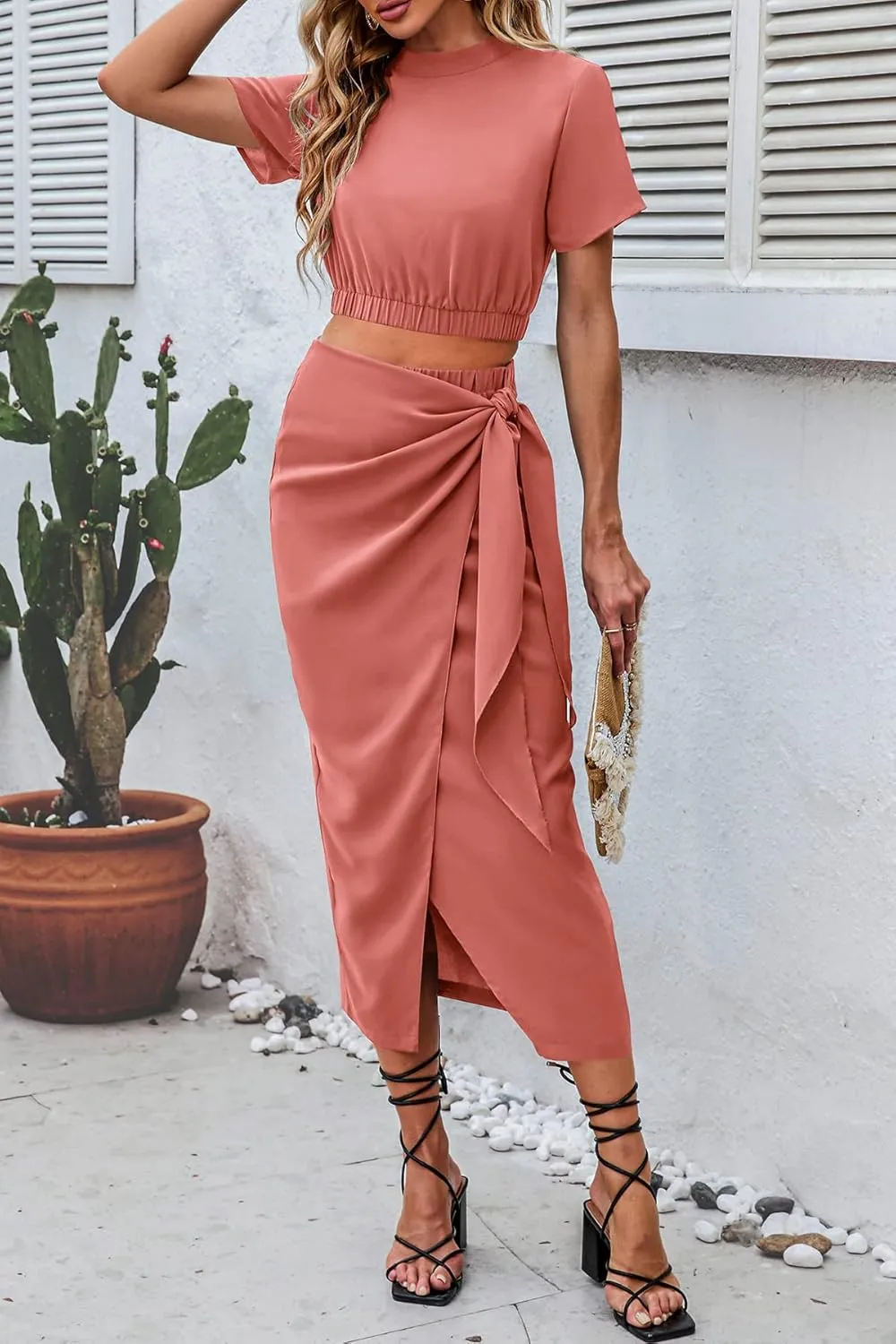 CFLONGE Women's 2 Piece Outfits Casual Sleeveless Halter Crop Top and Draped Ruched Skirt Solid Set for Cocktail Party