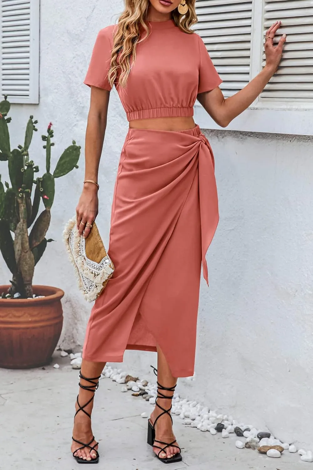 CFLONGE Women's 2 Piece Outfits Casual Sleeveless Halter Crop Top and Draped Ruched Skirt Solid Set for Cocktail Party
