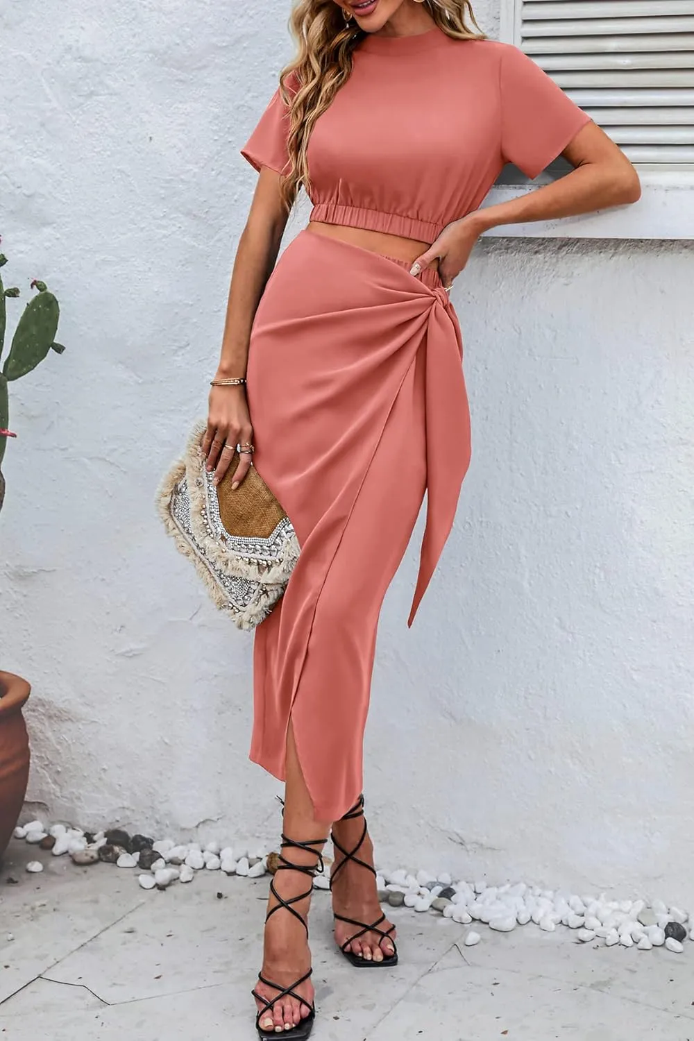 CFLONGE Women's 2 Piece Outfits Casual Sleeveless Halter Crop Top and Draped Ruched Skirt Solid Set for Cocktail Party