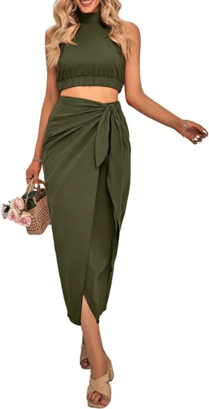 CFLONGE Women's 2 Piece Outfits Casual Sleeveless Halter Crop Top and Draped Ruched Skirt Solid Set for Cocktail Party