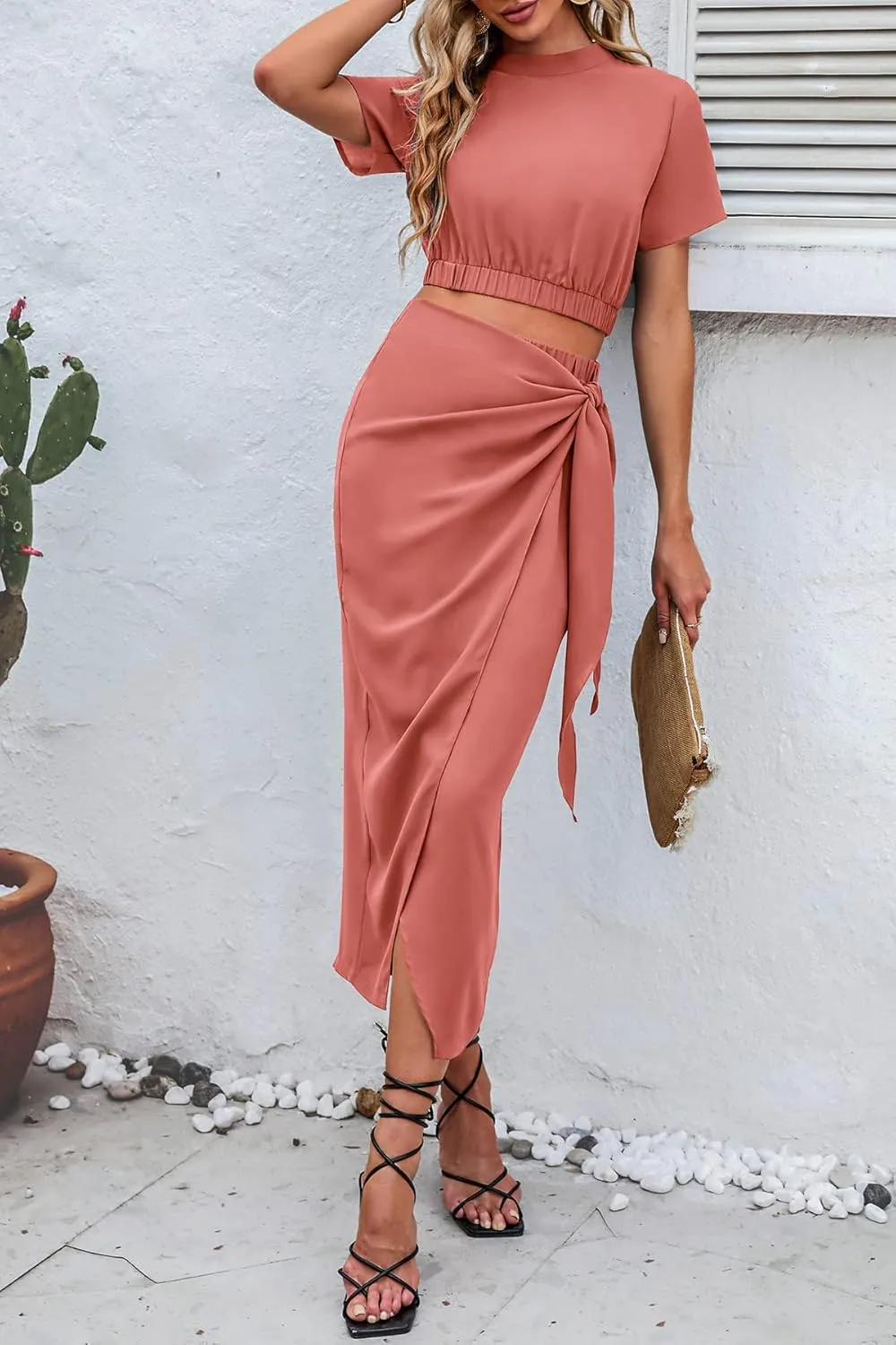 CFLONGE Women's 2 Piece Outfits Casual Sleeveless Halter Crop Top and Draped Ruched Skirt Solid Set for Cocktail Party