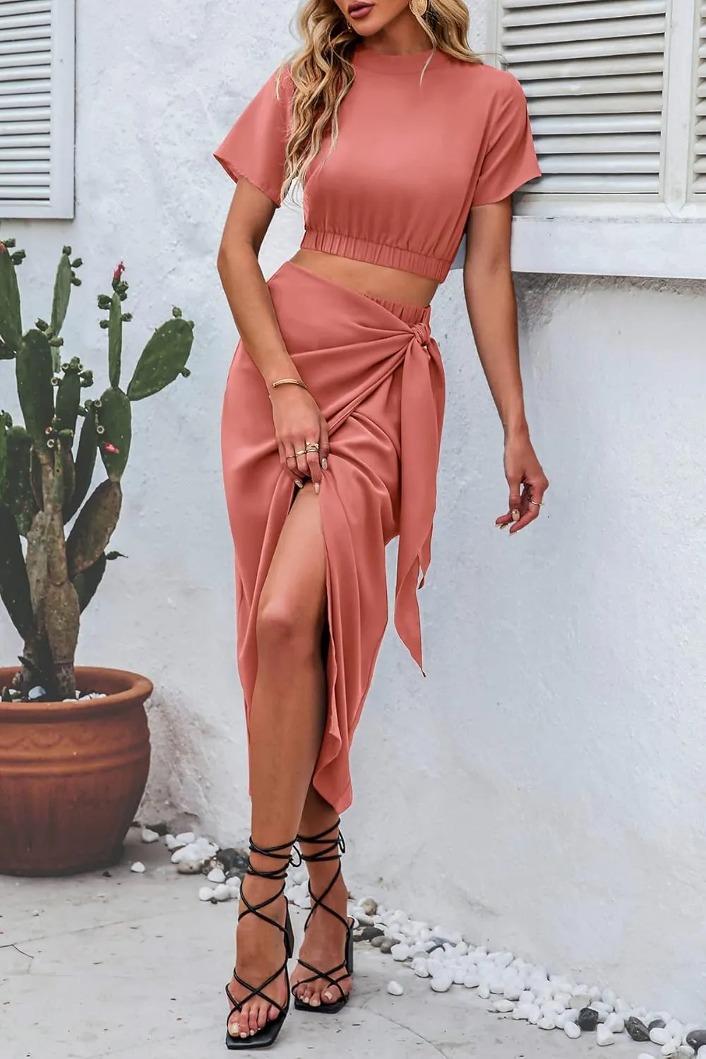 CFLONGE Women's 2 Piece Outfits Casual Sleeveless Halter Crop Top and Draped Ruched Skirt Solid Set for Cocktail Party