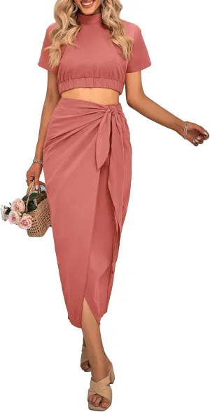 CFLONGE Women's 2 Piece Outfits Casual Sleeveless Halter Crop Top and Draped Ruched Skirt Solid Set for Cocktail Party