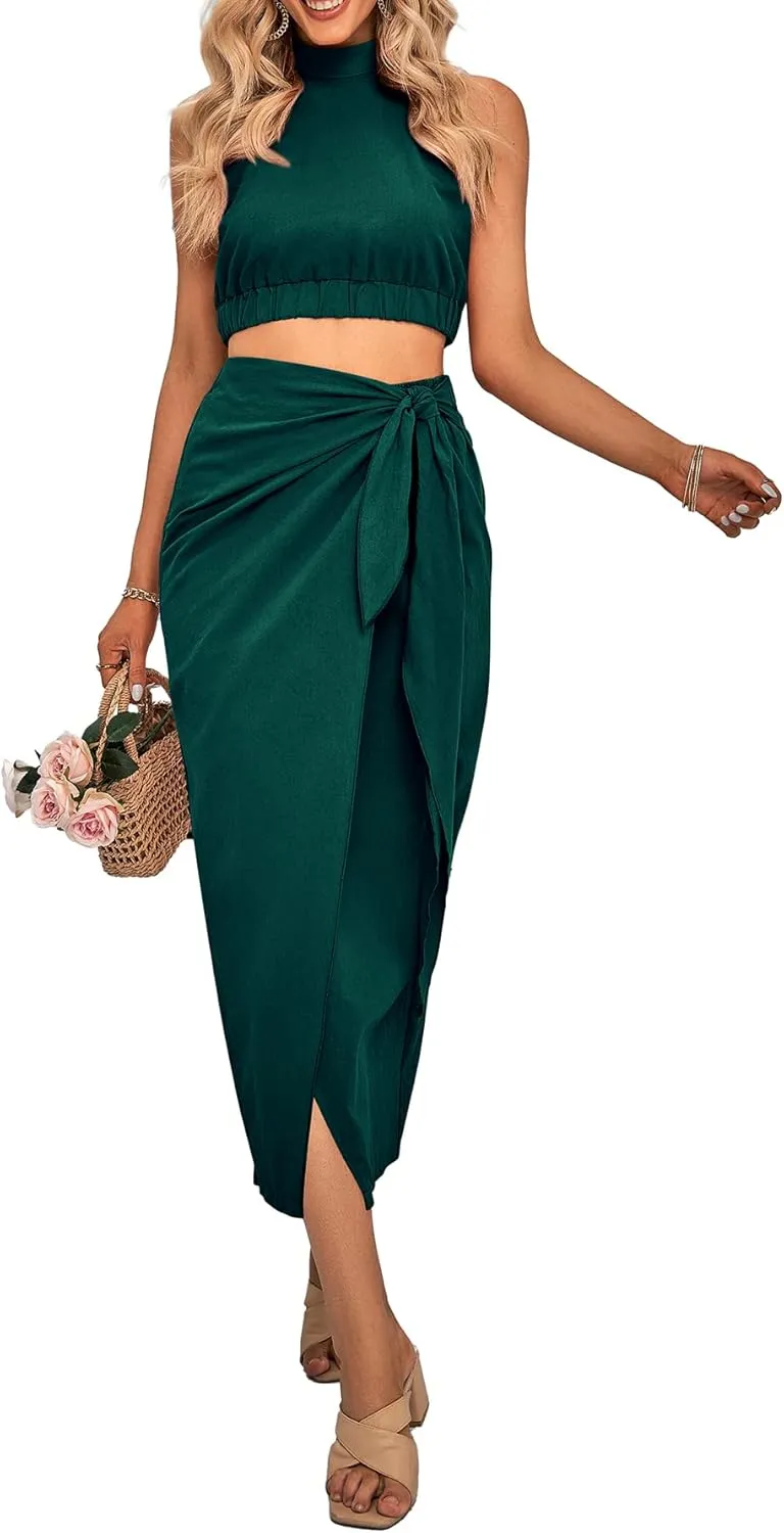 CFLONGE Women's 2 Piece Outfits Casual Sleeveless Halter Crop Top and Draped Ruched Skirt Solid Set for Cocktail Party