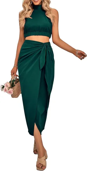 CFLONGE Women's 2 Piece Outfits Casual Sleeveless Halter Crop Top and Draped Ruched Skirt Solid Set for Cocktail Party