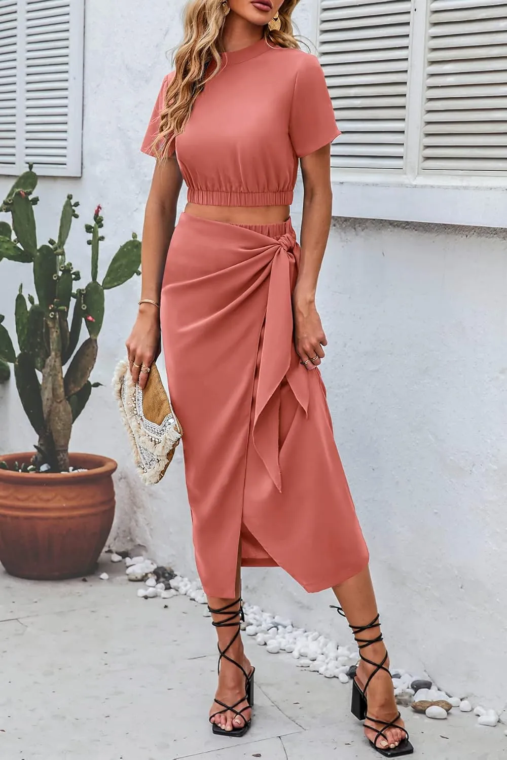 CFLONGE Women's 2 Piece Outfits Casual Sleeveless Halter Crop Top and Draped Ruched Skirt Solid Set for Cocktail Party