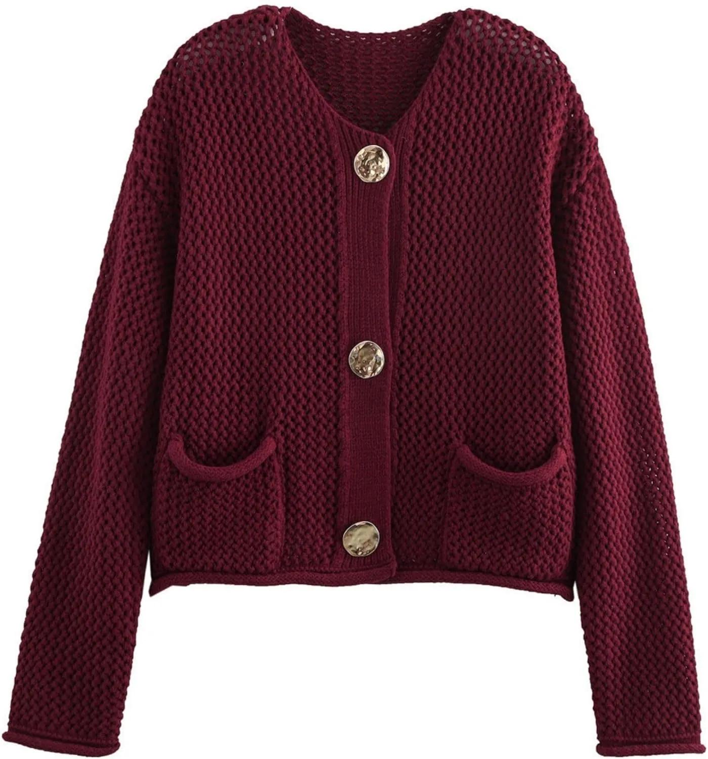 Chevara Womens Cropped Cardigan Sweater Long Sleeve Crewneck Button Down Knit Sweater with Pockets