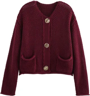 Chevara Womens Cropped Cardigan Sweater Long Sleeve Crewneck Button Down Knit Sweater with Pockets