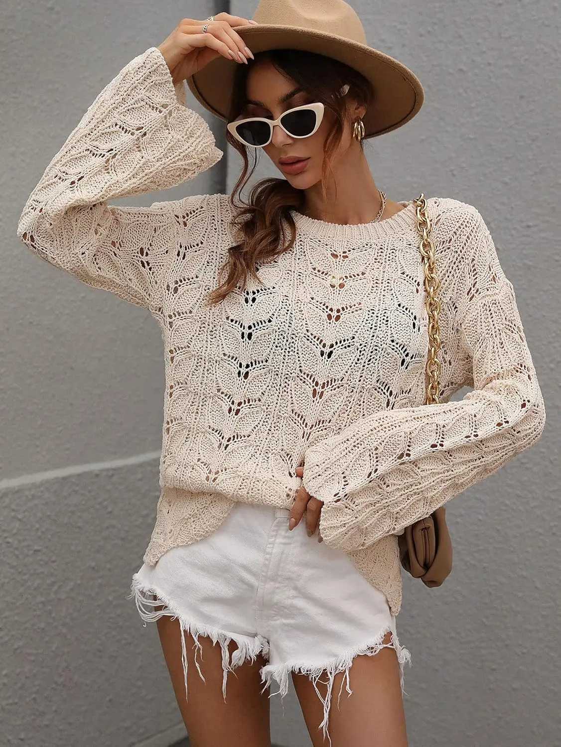 chouyatou Women's Spring Bell Sleeve Crochet Sweater Boho Hollow Out Pullover Sweater Tops Blouse