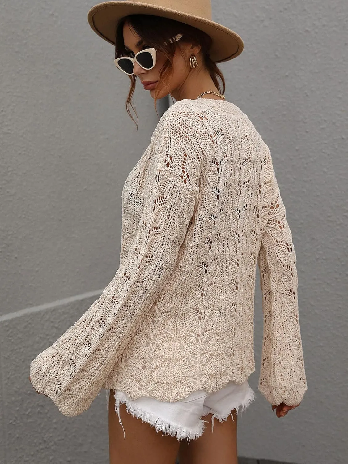 chouyatou Women's Spring Bell Sleeve Crochet Sweater Boho Hollow Out Pullover Sweater Tops Blouse