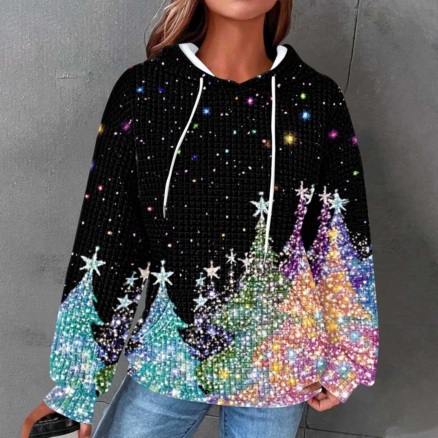 Christmas Hoodies for Women Glitter Xmas Tree Graphic Long Sleeve Sweatshirts Oversized Casual Funny Holiday Pullover