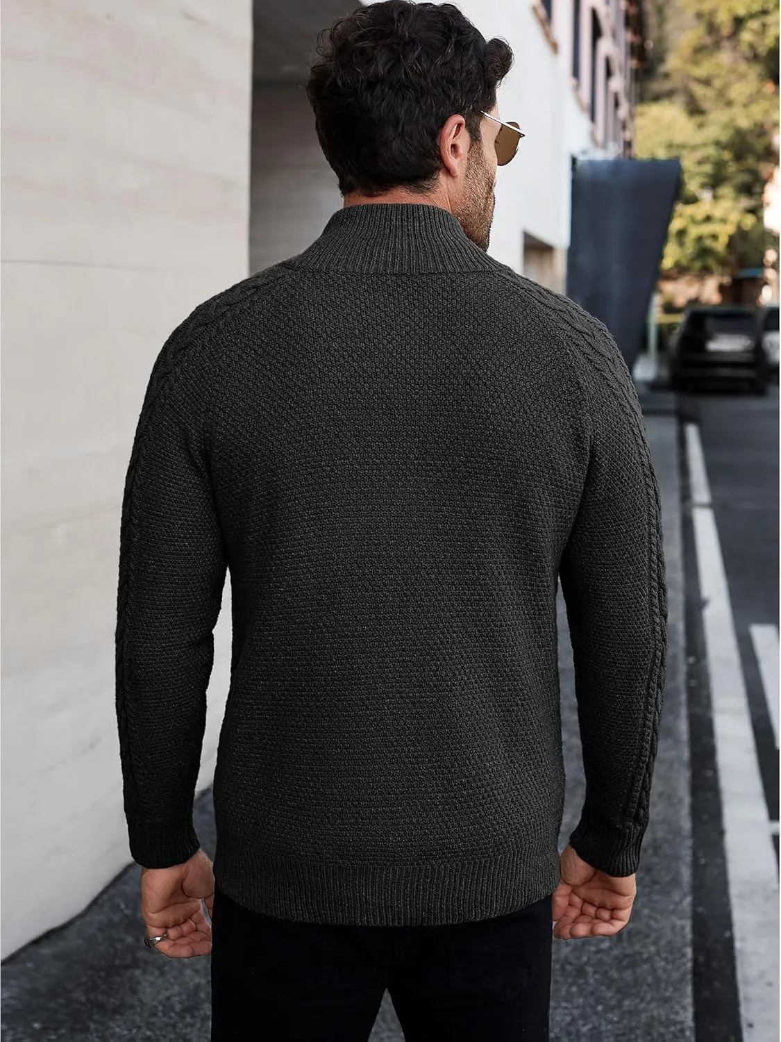 Comdecevis Men's Cardigan Sweaters Full Zip Up Stand Collar Slim Fit Cable Knitted Sweater with Pockets