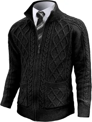 Comdecevis Men's Cardigan Sweaters Full Zip Up Stand Collar Slim Fit Cable Knitted Sweater with Pockets