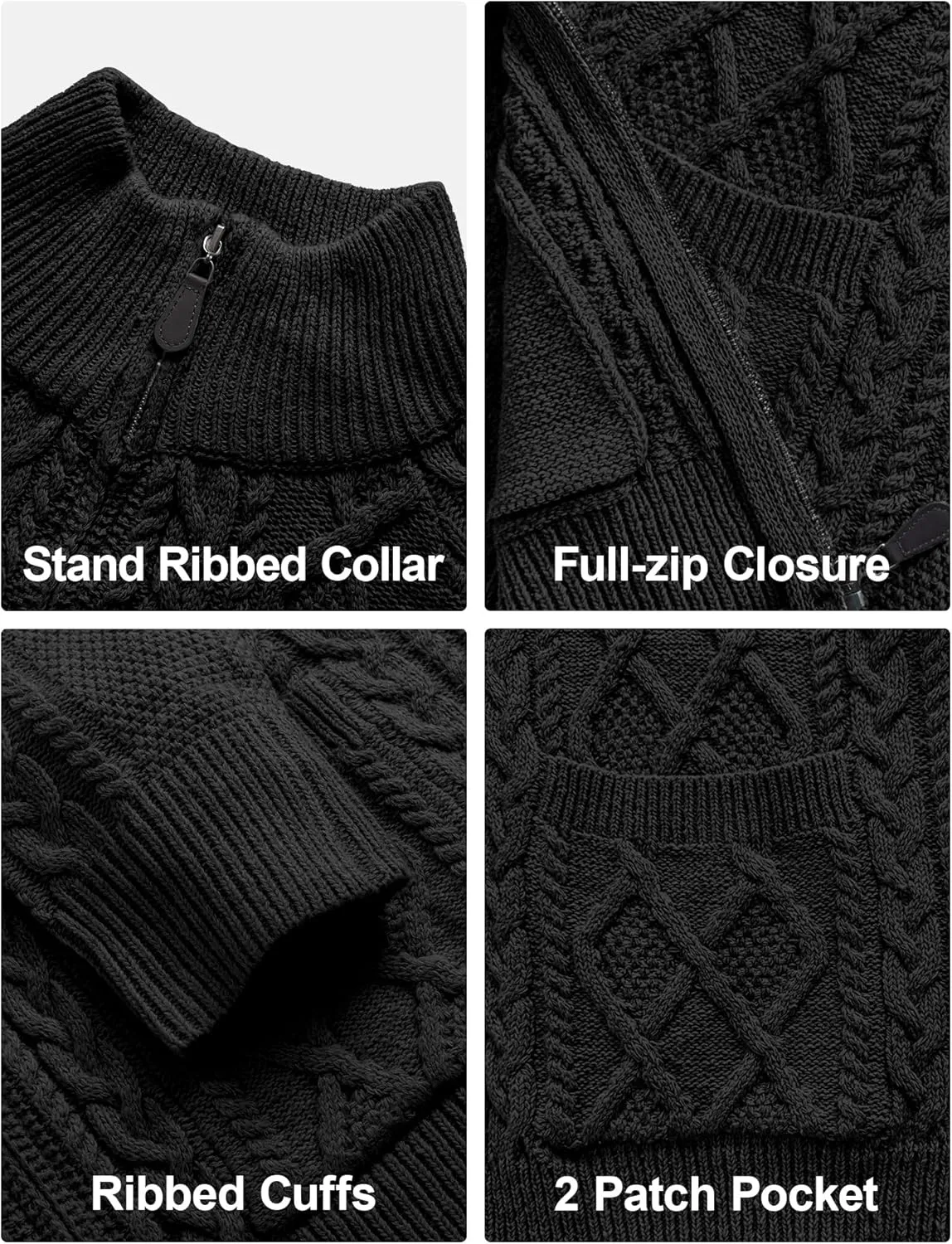 Comdecevis Men's Cardigan Sweaters Full Zip Up Stand Collar Slim Fit Cable Knitted Sweater with Pockets