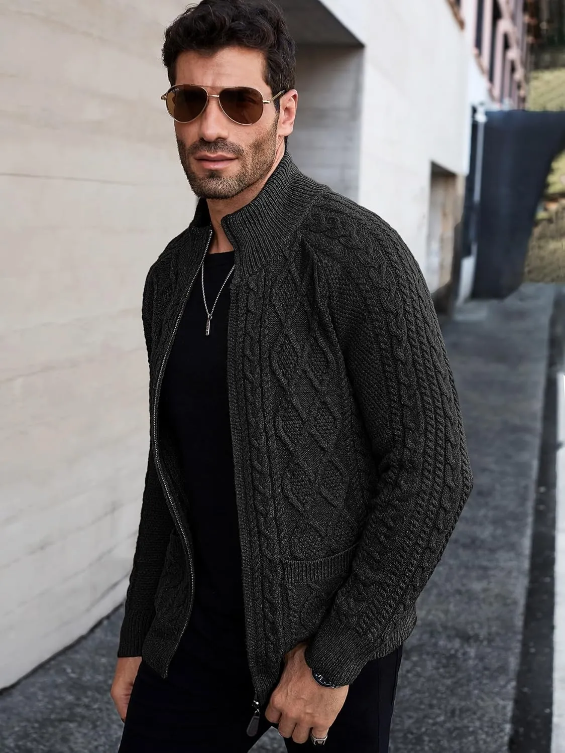 Comdecevis Men's Cardigan Sweaters Full Zip Up Stand Collar Slim Fit Cable Knitted Sweater with Pockets