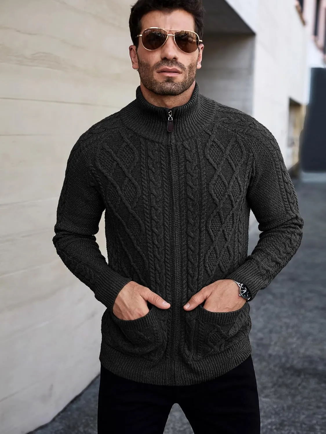 Comdecevis Men's Cardigan Sweaters Full Zip Up Stand Collar Slim Fit Cable Knitted Sweater with Pockets