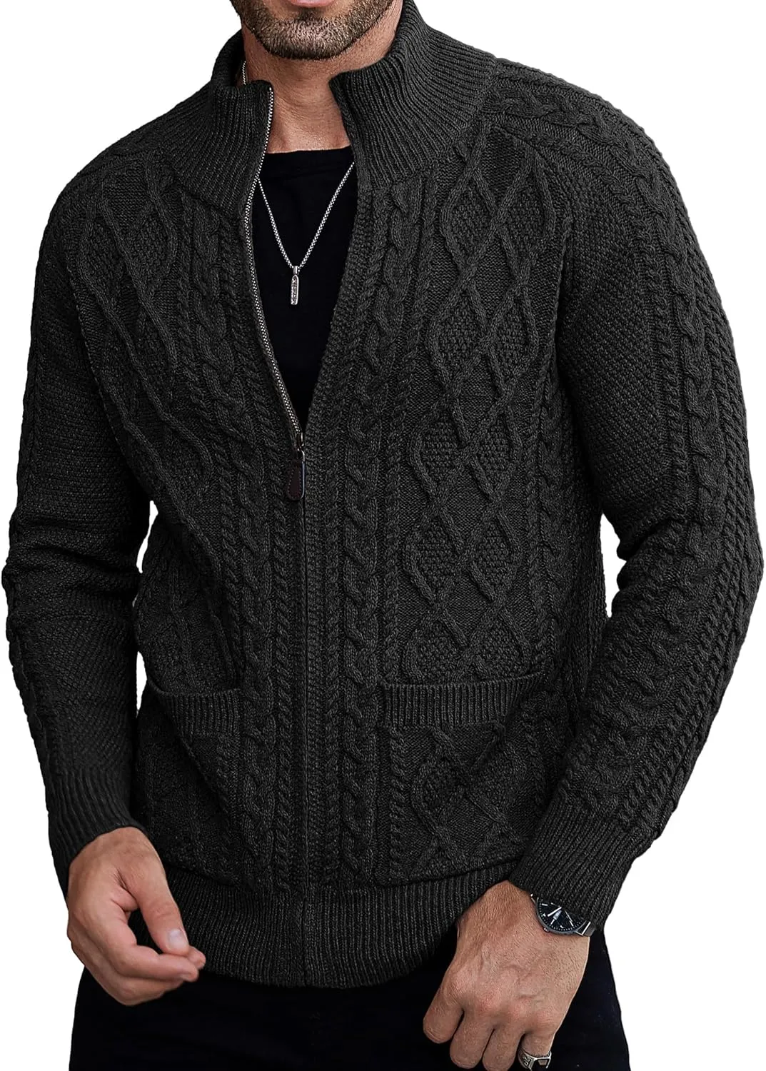 Comdecevis Men's Cardigan Sweaters Full Zip Up Stand Collar Slim Fit Cable Knitted Sweater with Pockets