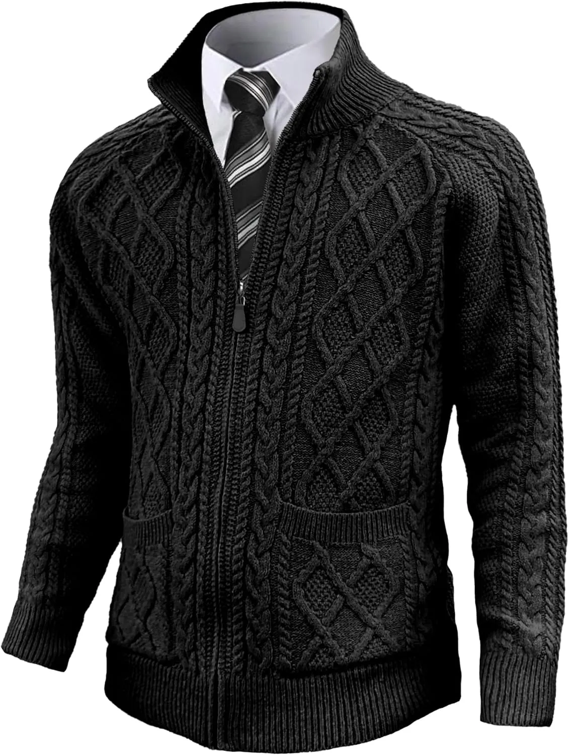 Comdecevis Men's Cardigan Sweaters Full Zip Up Stand Collar Slim Fit Cable Knitted Sweater with Pockets