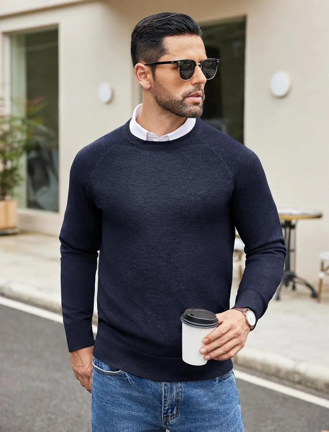 COOFANDY Men's Crewneck Sweater Casual Dress Pullover Sweater Slim Fit Lightweight Long Sleeve Raglan Sweaters