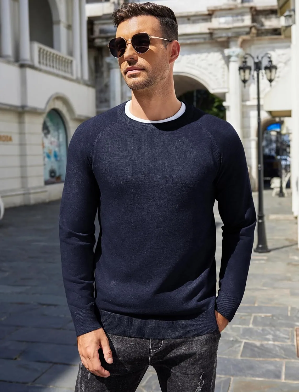 COOFANDY Men's Crewneck Sweater Casual Dress Pullover Sweater Slim Fit Lightweight Long Sleeve Raglan Sweaters