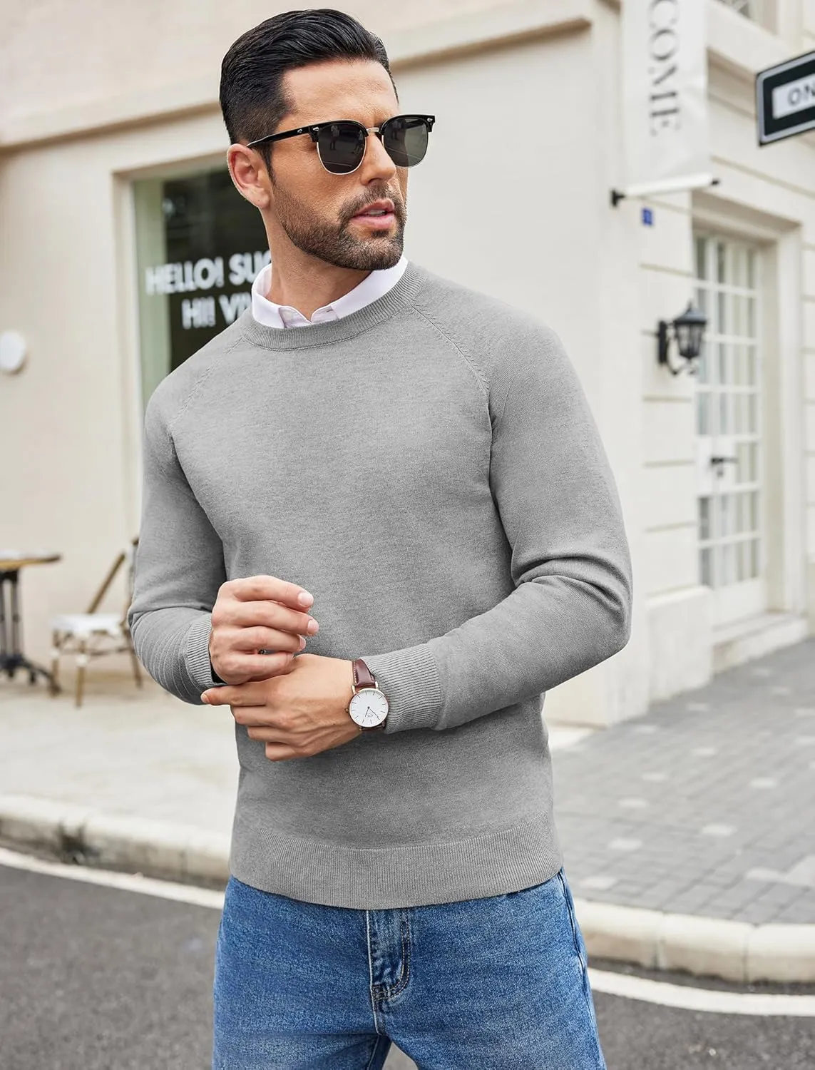 COOFANDY Men's Crewneck Sweater Casual Dress Pullover Sweater Slim Fit Lightweight Long Sleeve Raglan Sweaters