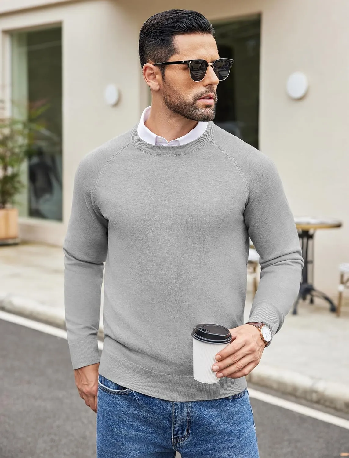 COOFANDY Men's Crewneck Sweater Casual Dress Pullover Sweater Slim Fit Lightweight Long Sleeve Raglan Sweaters