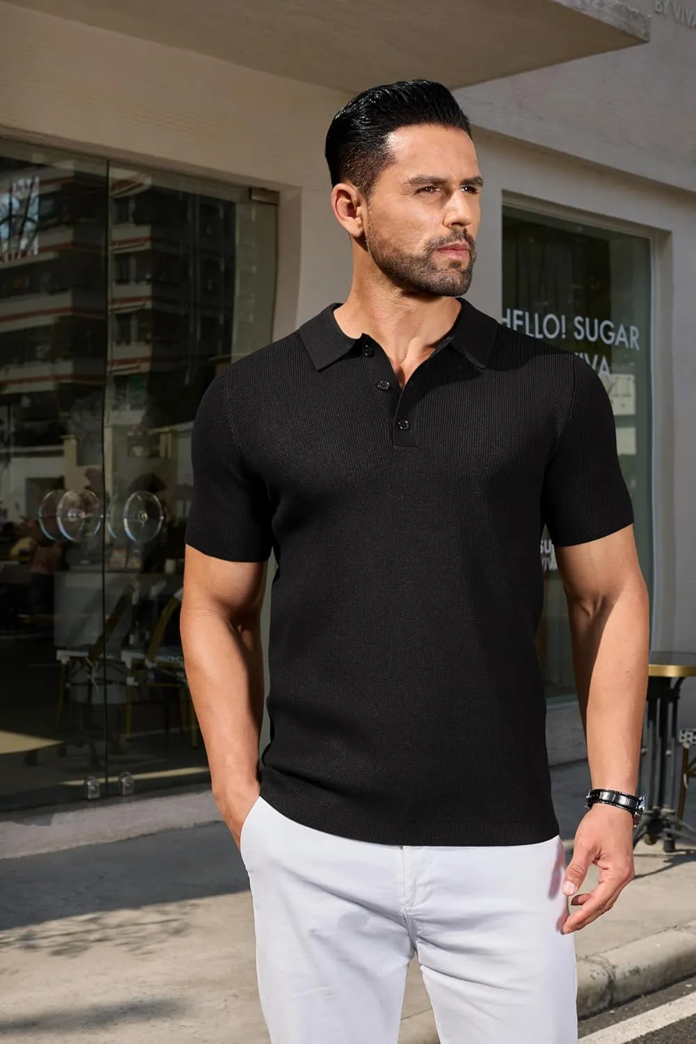 COOFANDY Mens Slim Fit Knit Polo Shirts Business Lightweight Polo Sweater Casual Summer Ribbed Textured Collared T Shirt