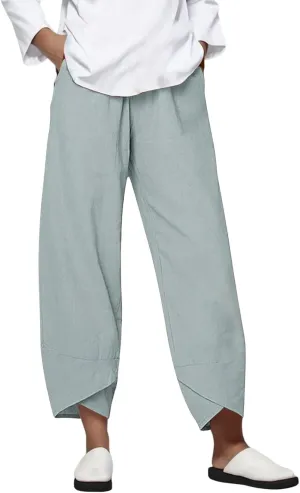 Cotton Linen Pants for Women Capris Plus Size Wide Leg Sweatpants Summer Beach Cropped Elastic Waist Capri Trousers